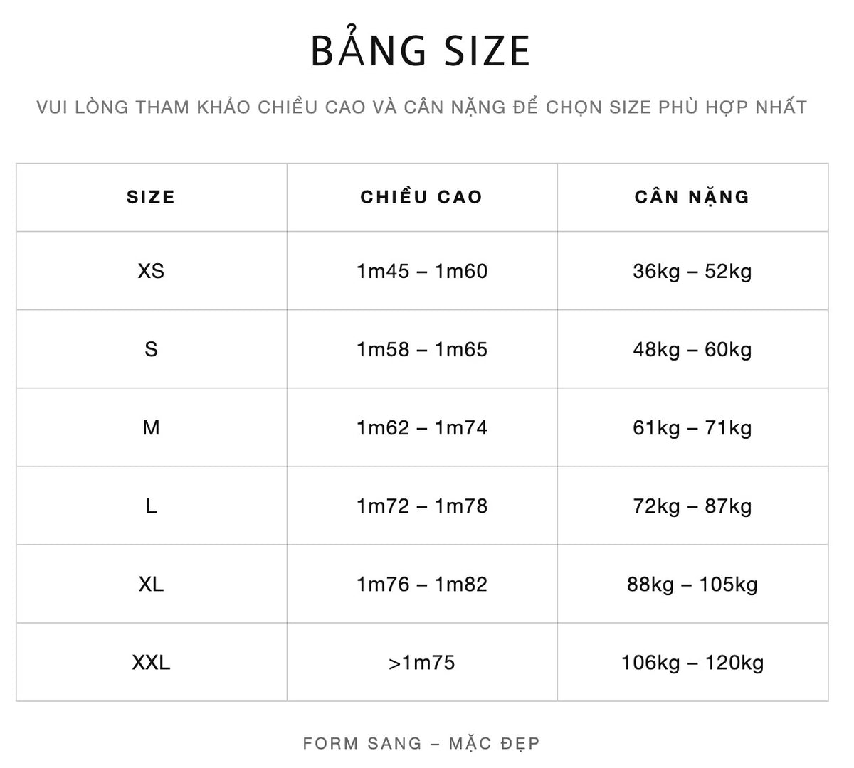 HƯỚNG DẪN CHỌN SIZE